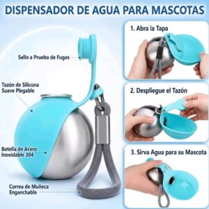 Botella Dispensadora de Agua Portátil para Perros - Acero Inoxidable 304 con Bebedero Plegable de Silicona | Antifugas | Miel & Orson