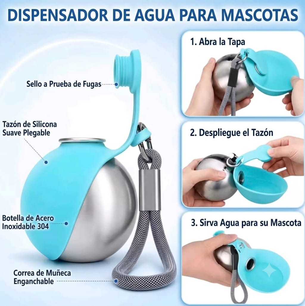 Botella Dispensadora de Agua Portátil para Perros - Acero Inoxidable 304 con Bebedero Plegable de Silicona | Antifugas | Miel & Orson